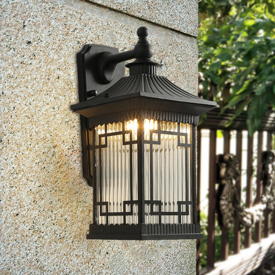 Classic Lantern Wall Mount Light With Prismatic/Tan Glass & Single Bulb - Black/Coffee Black