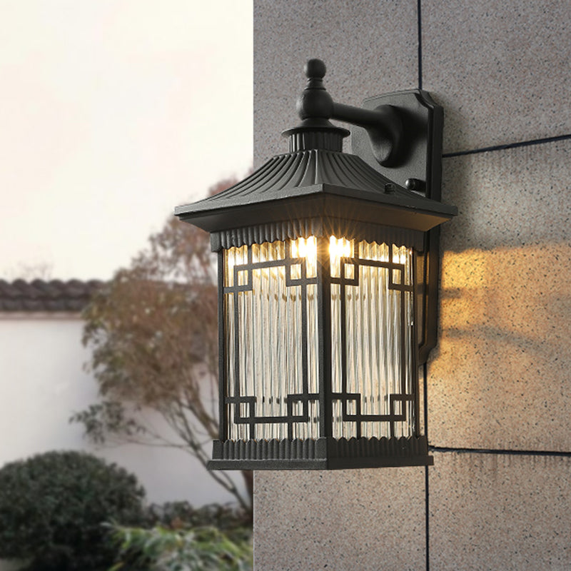 Classic Lantern Wall Mount Light With Prismatic/Tan Glass & Single Bulb - Black/Coffee