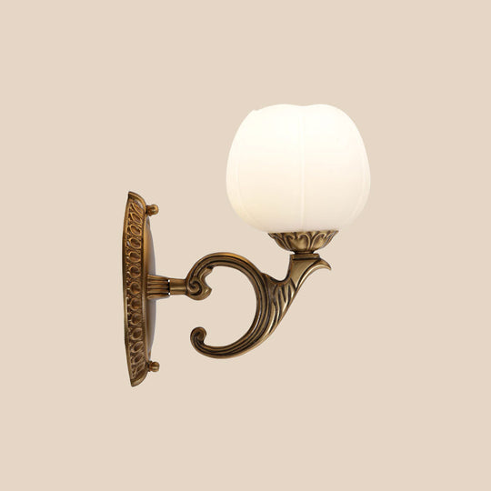 White Glass Wall Mounted Light With Country Brass Blossom Design Tearoom Surface Sconce