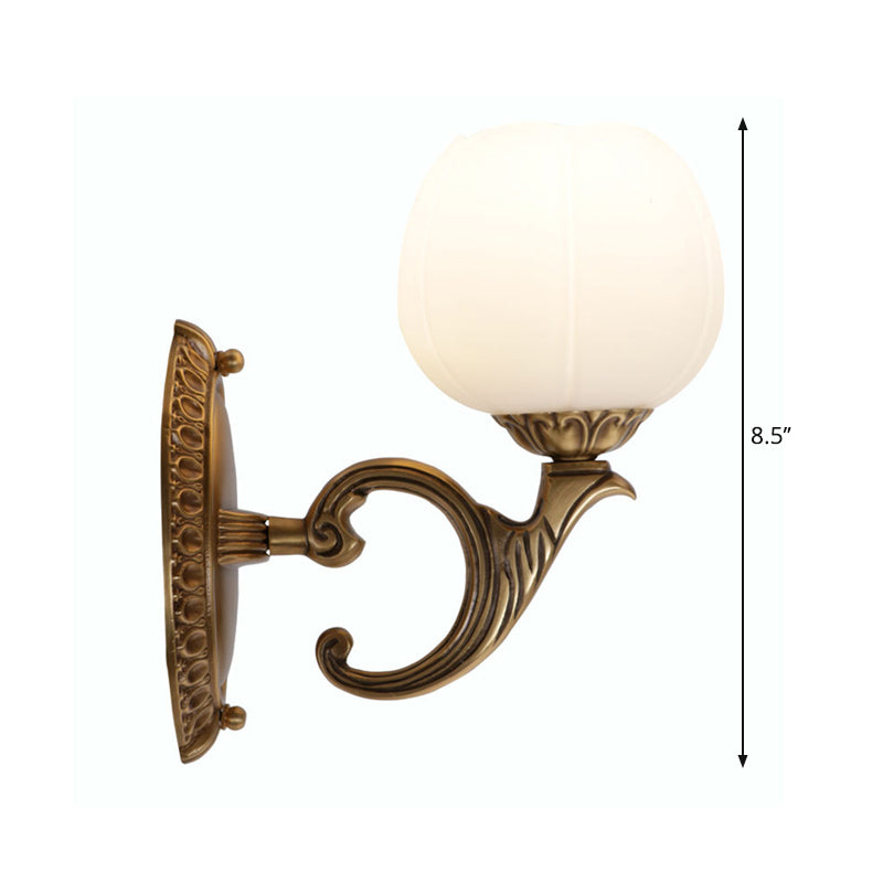 White Glass Wall Mounted Light With Country Brass Blossom Design Tearoom Surface Sconce