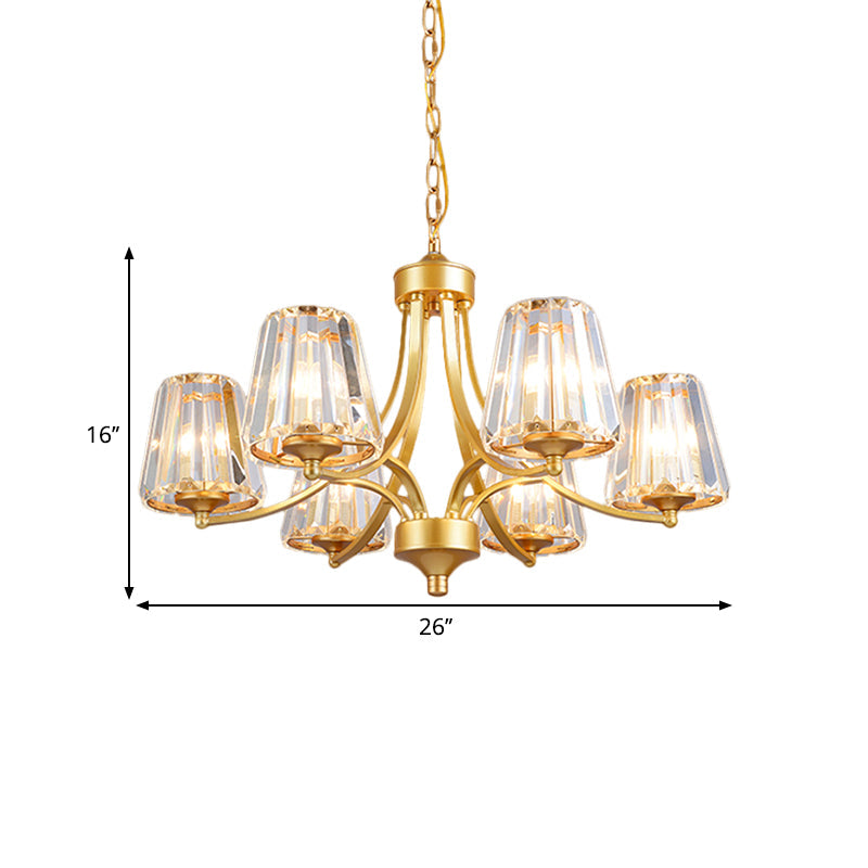 Minimalist 6-Light Gold Crystal Ceiling Chandelier With Curvy Arm