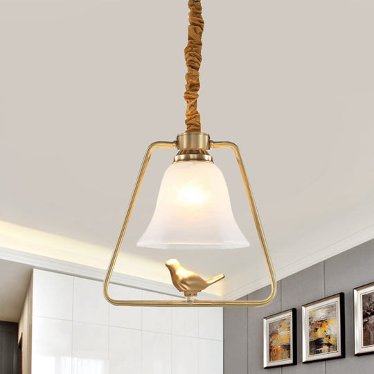 Vintage Opal Glass Hanging Lamp - Gold Frame Pendant Light With Bird Detail Bell Dining Hall