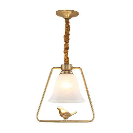 Vintage Opal Glass Hanging Lamp - Gold Frame Pendant Light With Bird Detail Bell Dining Hall