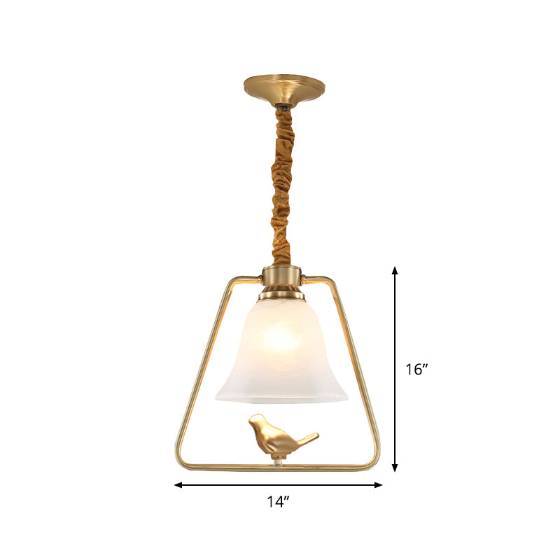 Vintage Opal Glass Hanging Lamp - Gold Frame Pendant Light With Bird Detail Bell Dining Hall