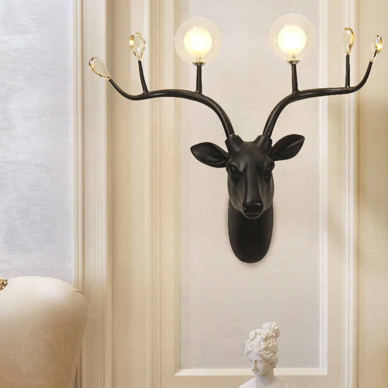 Elk Head Wall Sconce Light With Vintage White/Black Resin And Modo Clear Glass Shade - 1-Bulb