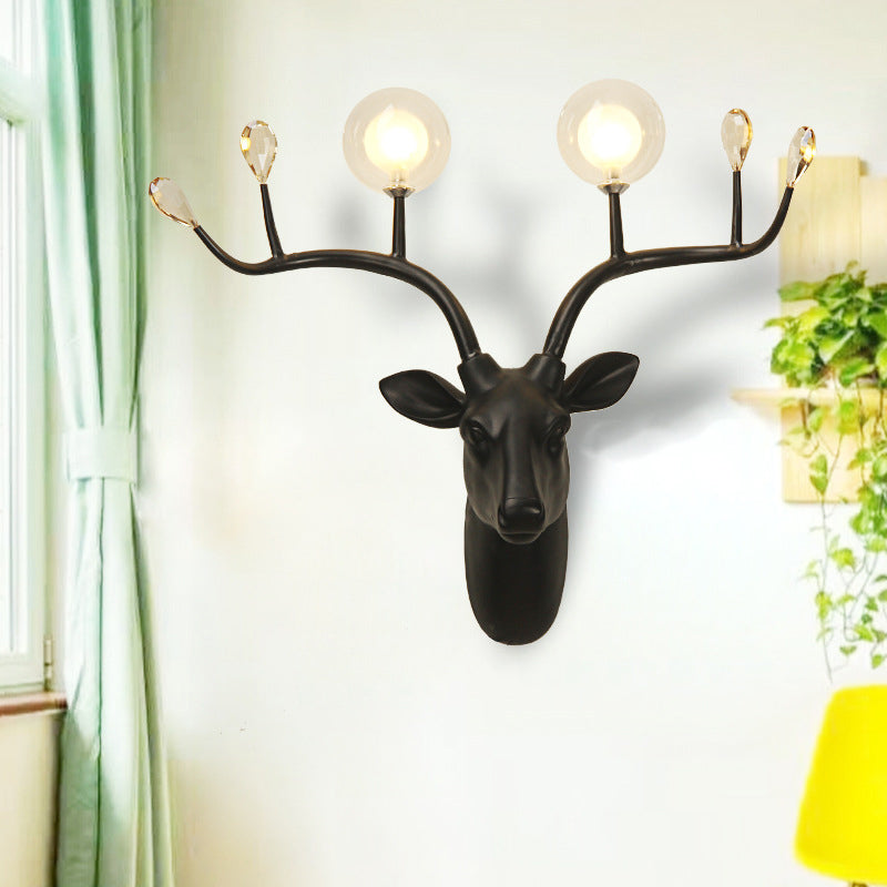 Elk Head Wall Sconce Light With Vintage White/Black Resin And Modo Clear Glass Shade - 1-Bulb