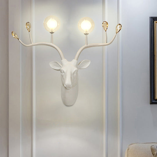 Elk Head Wall Sconce Light With Vintage White/Black Resin And Modo Clear Glass Shade - 1-Bulb