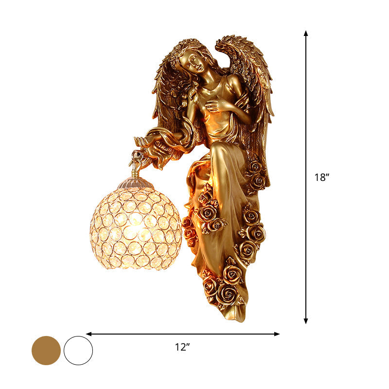 Vintage Faceted Crystal Sconce With Angel Resin Decor For Dining Room Wall Lighting In White/Gold