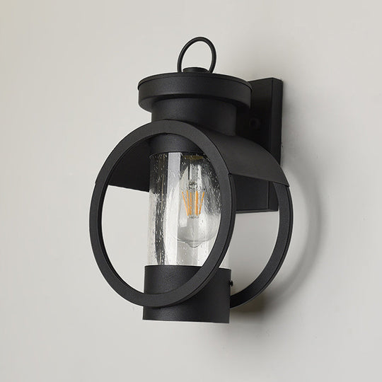 Traditional Seedy Glass Cylindrical Wall Sconce - Black 1-Bulb Outdoor Lamp