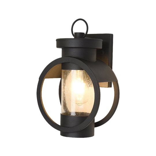 Traditional Seedy Glass Cylindrical Wall Sconce - Black 1-Bulb Outdoor Lamp