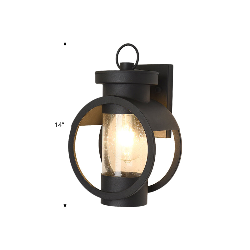 Traditional Seedy Glass Cylindrical Wall Sconce - Black 1-Bulb Outdoor Lamp