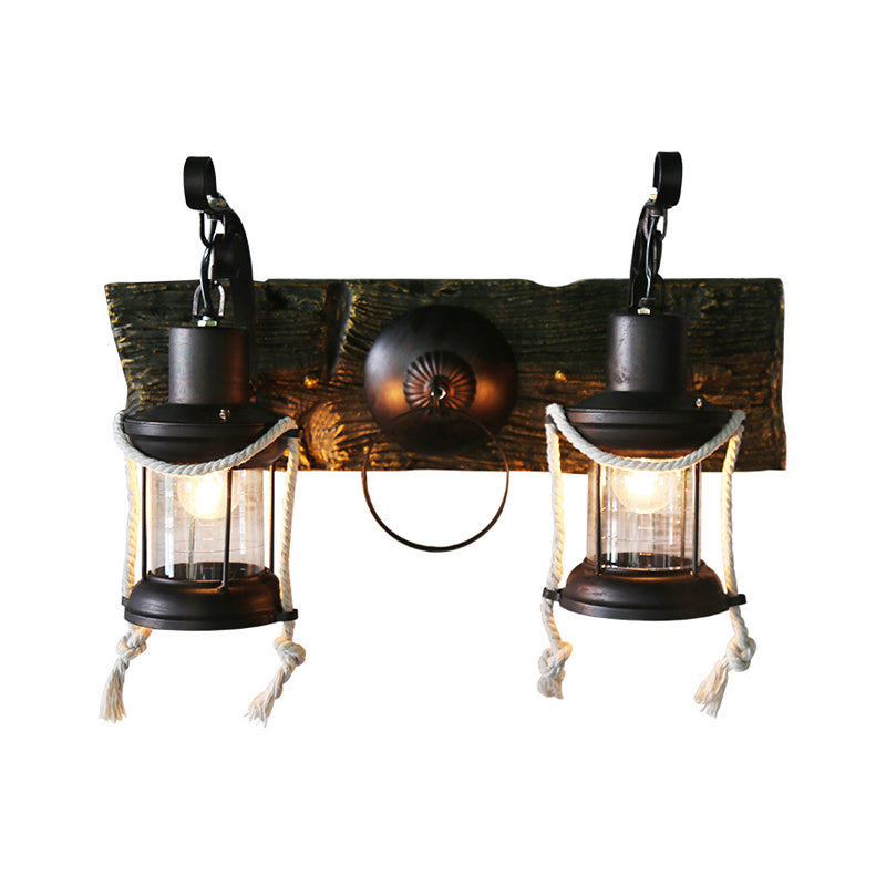 Rustic Lantern Wall Sconce With Clear Glass And 2 Bulbs In Black Finish