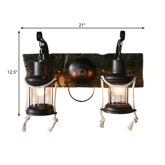 Rustic Lantern Wall Sconce With Clear Glass And 2 Bulbs In Black Finish