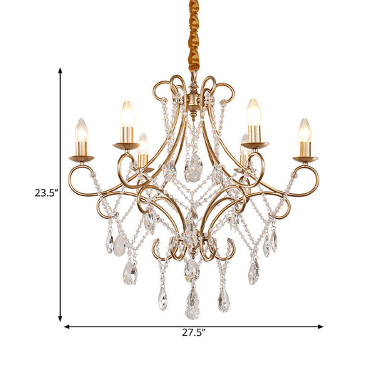 Contemporary Metal Candlestick Chandelier With Crystal Accent - 6-Light Gold Ceiling Pendant Lamp