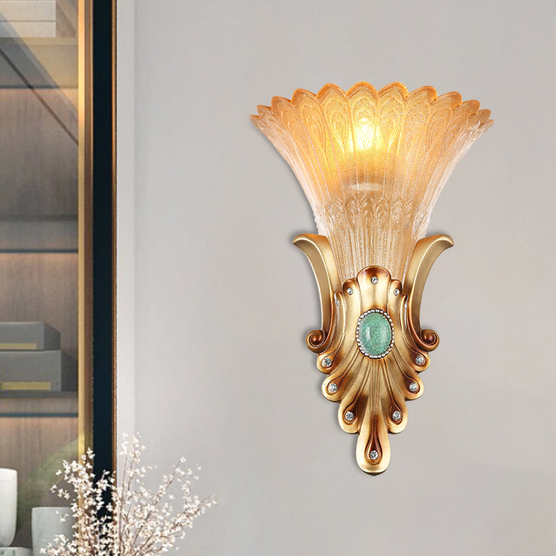 Amber Ribbed Glass Wall Sconce - Loft Style 1-Bulb Gold Lighting