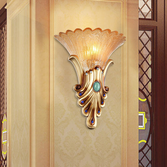 Amber Ribbed Glass Wall Sconce - Loft Style 1-Bulb Gold Lighting