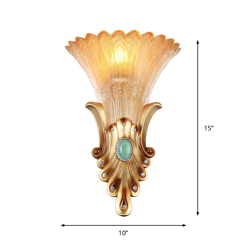 Amber Ribbed Glass Wall Sconce - Loft Style 1-Bulb Gold Lighting