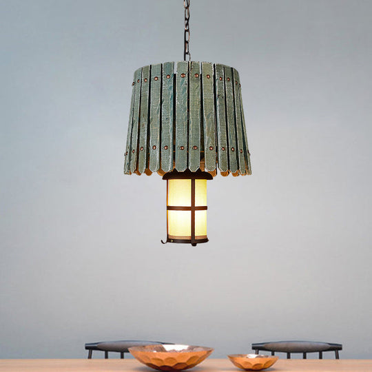 Black Opal Glass Lantern Pendant Light With Barrel Wood Design