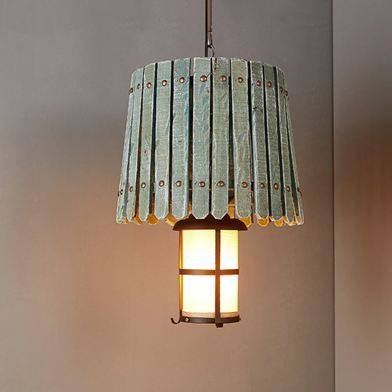 Black Opal Glass Lantern Pendant Light With Barrel Wood Design