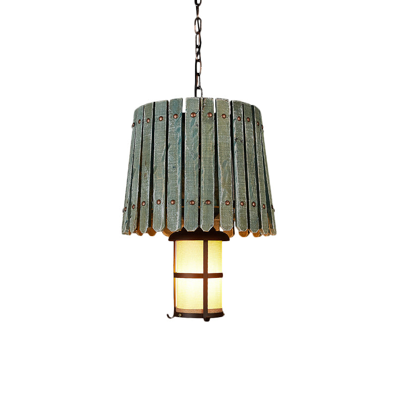 Black Opal Glass Lantern Pendant Light With Barrel Wood Design