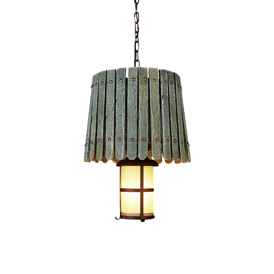 Black Opal Glass Lantern Pendant Light With Barrel Wood Design