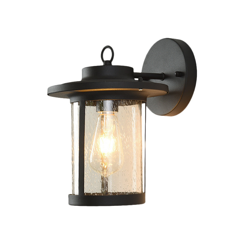 Black/Brass Cylinder Wall Light With Seedy Glass - Ideal For Warehouse Mounted