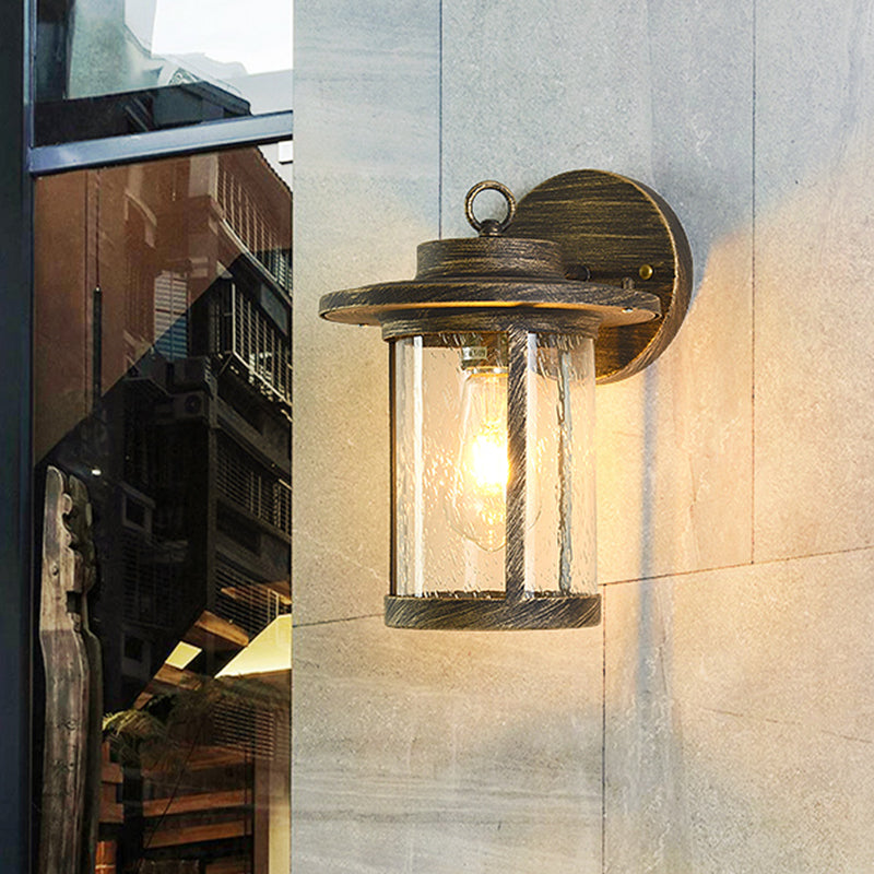 Black/Brass Cylinder Wall Light With Seedy Glass - Ideal For Warehouse Mounted