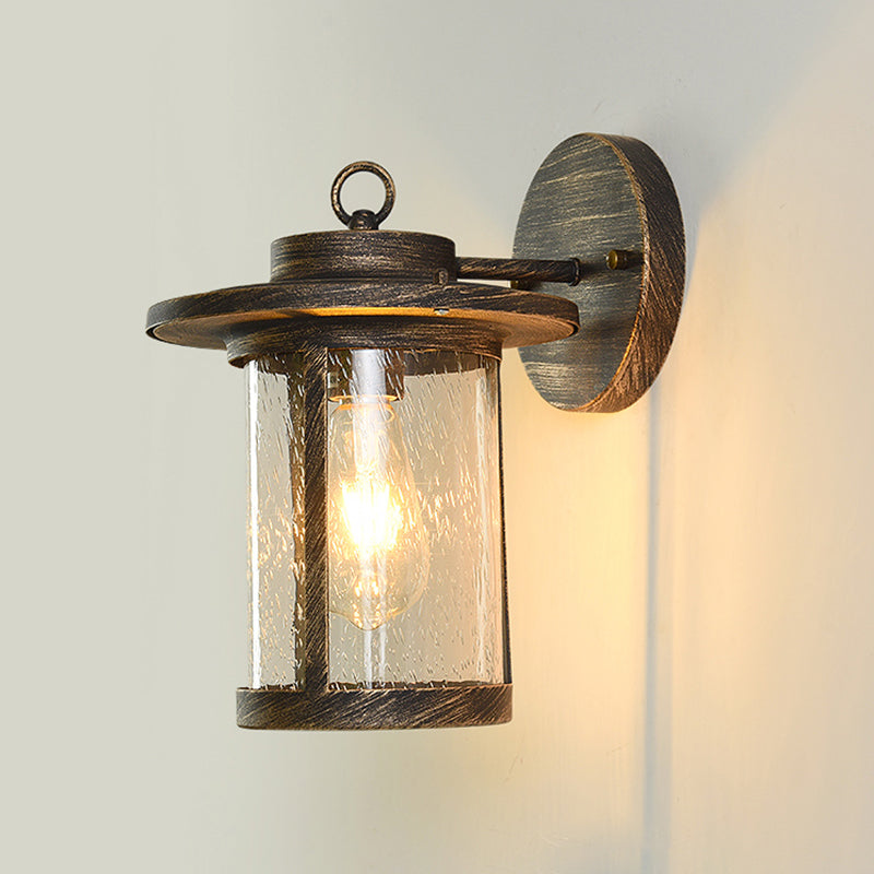 Black/Brass Cylinder Wall Light With Seedy Glass - Ideal For Warehouse Mounted