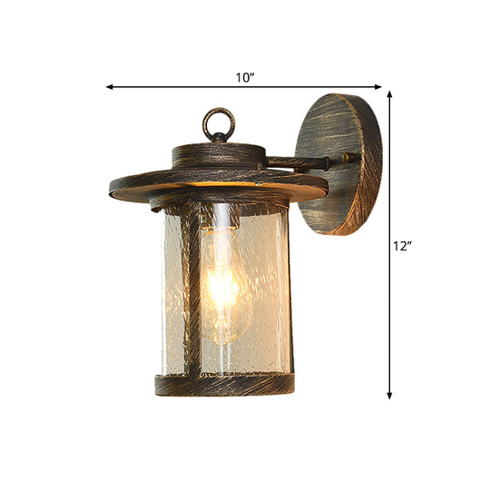 Black/Brass Cylinder Wall Light With Seedy Glass - Ideal For Warehouse Mounted