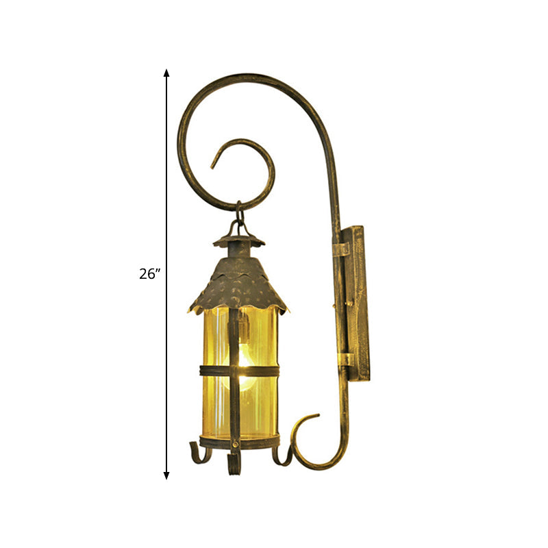 Rustic Lantern Wall Mounted Light Fixture With Scroll Arm In Antique Bronze