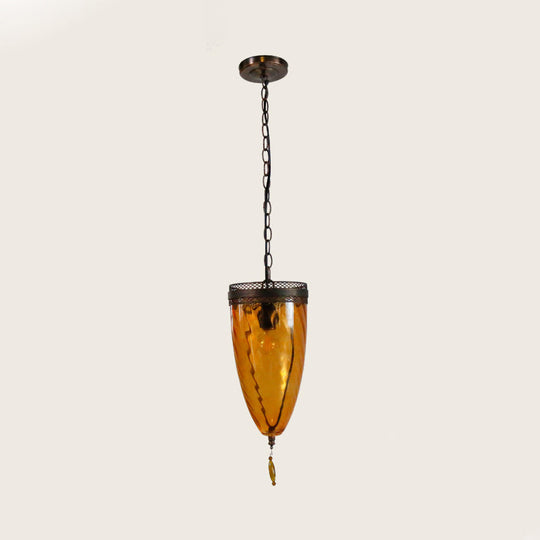 Amber Glass Black Suspension Lamp - Retro Style 1-Head Ceiling Light With Grid Trim And Chain