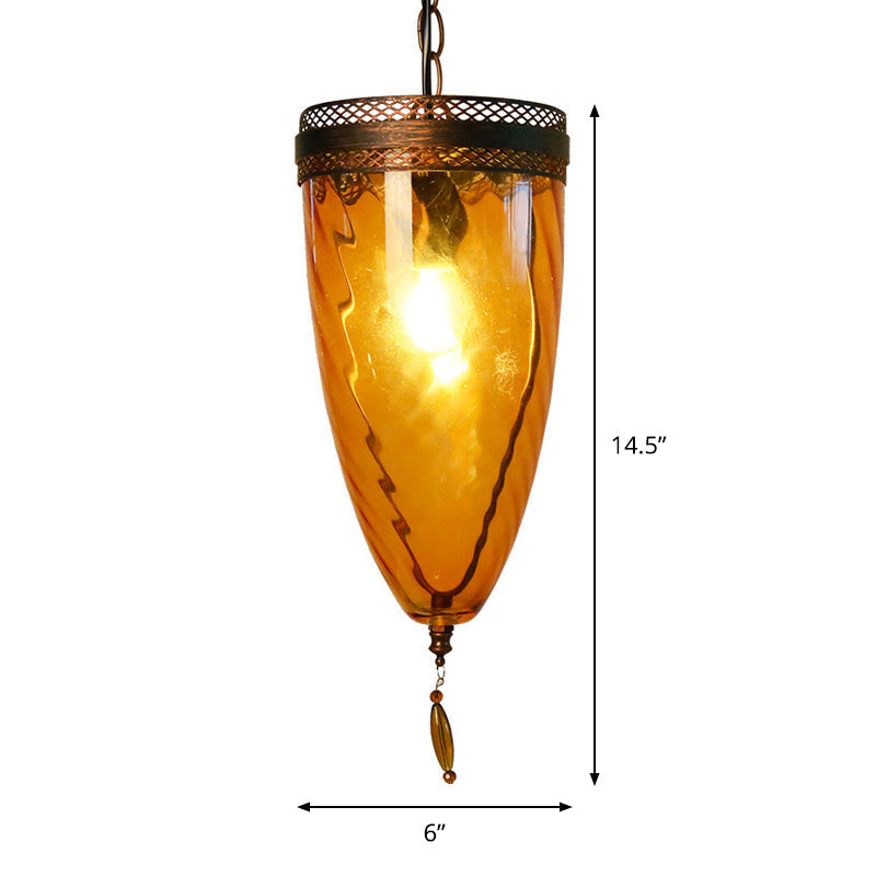 Amber Glass Black Suspension Lamp - Retro Style 1-Head Ceiling Light With Grid Trim And Chain