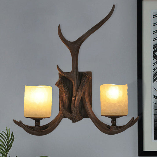 Antler Design 2-Head Wall Sconce With Countryside Brown Glass Rustic Lighting Solution