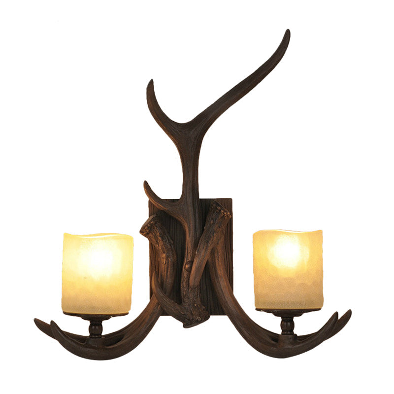 Antler Design 2-Head Wall Sconce With Countryside Brown Glass Rustic Lighting Solution