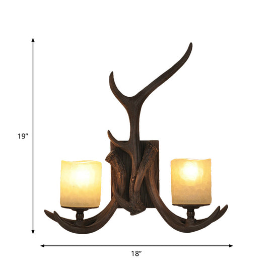 Antler Design 2-Head Wall Sconce With Countryside Brown Glass Rustic Lighting Solution