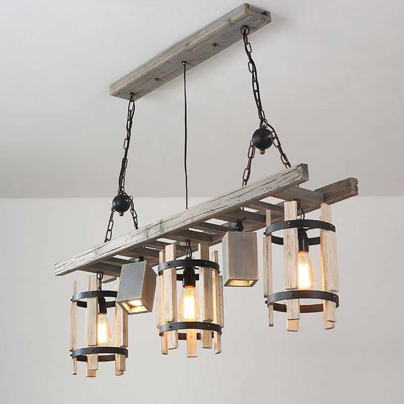 Rustic 5-Light Farmhouse Pendant With Wood Cylinder Frame - Grey/Brown