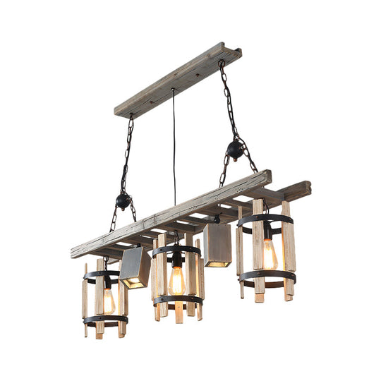 Rustic 5-Light Farmhouse Pendant With Wood Cylinder Frame - Grey/Brown