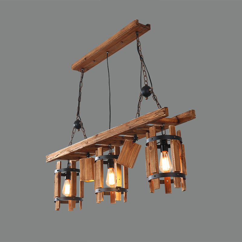 Rustic 5-Light Farmhouse Pendant With Wood Cylinder Frame - Grey/Brown