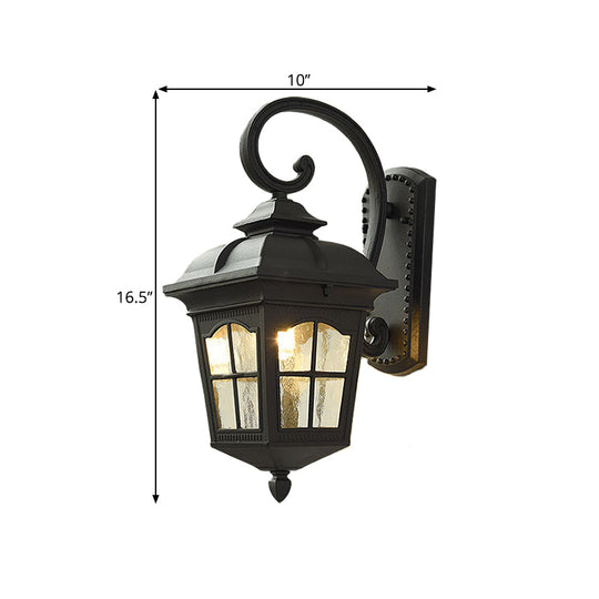 Antique Black Lantern Wall Lamp With Seedy Glass - 1 Light Up/Down Curved Arm 10/12.5 W