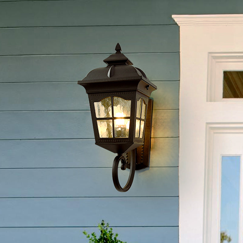 Antique Black Lantern Wall Lamp With Seedy Glass - 1 Light Up/Down Curved Arm 10/12.5 W