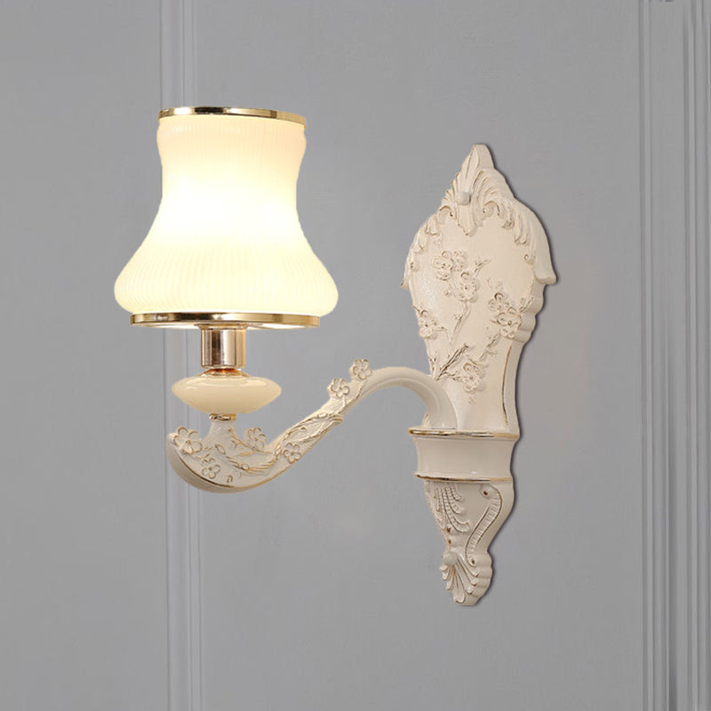 Rural White Glass Gourd Wall Lamp With Beige 1/2-Head And Resin Backplate For Bedroom Lighting 1 /