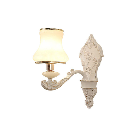 Rural White Glass Gourd Wall Lamp With Beige 1/2-Head And Resin Backplate For Bedroom Lighting