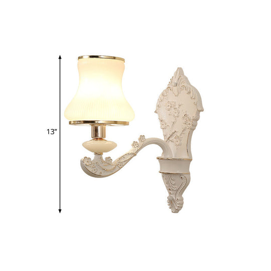 Rural White Glass Gourd Wall Lamp With Beige 1/2-Head And Resin Backplate For Bedroom Lighting