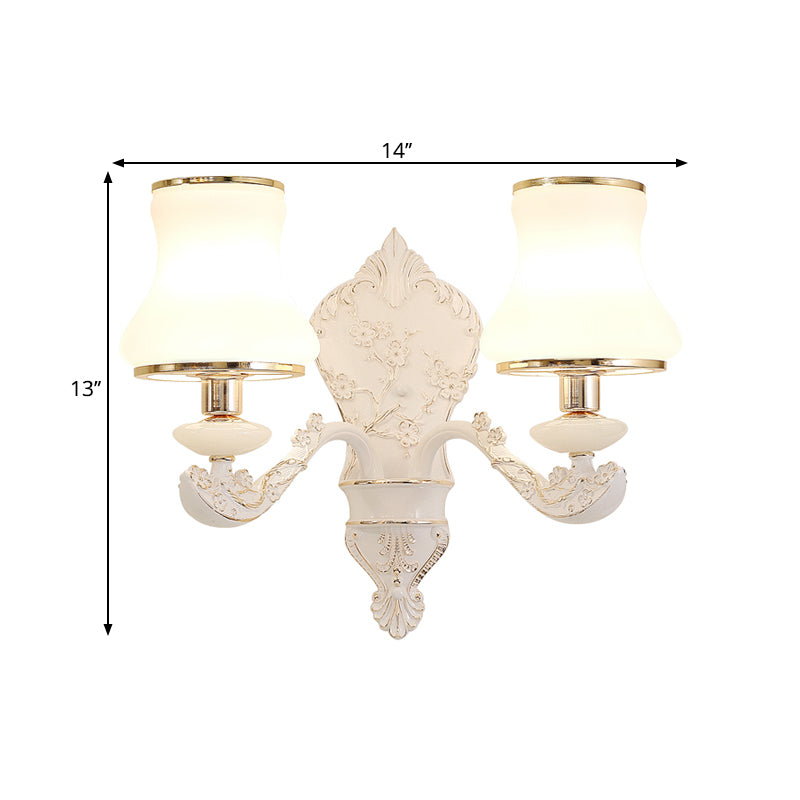 Rural White Glass Gourd Wall Lamp With Beige 1/2-Head And Resin Backplate For Bedroom Lighting