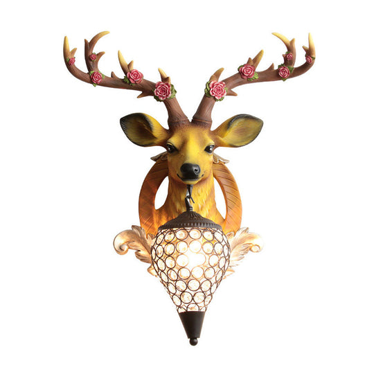 Rustic 1-Head Deer Wall Lamp With Crystal Shade In Gold/Grey/White