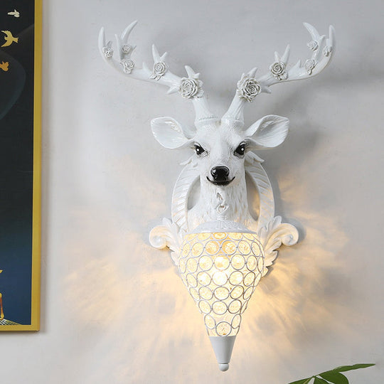 Rustic 1-Head Deer Wall Lamp With Crystal Shade In Gold/Grey/White White