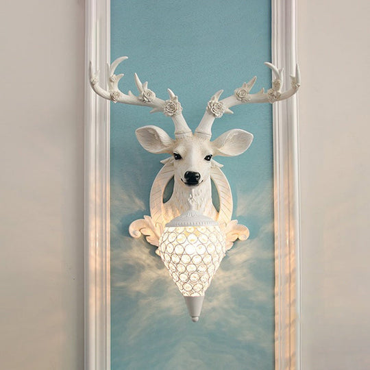 Rustic 1-Head Deer Wall Lamp With Crystal Shade In Gold/Grey/White