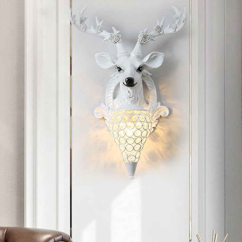 Rustic 1-Head Deer Wall Lamp With Crystal Shade In Gold/Grey/White