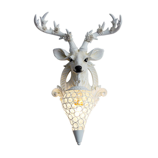 Rustic 1-Head Deer Wall Lamp With Crystal Shade In Gold/Grey/White