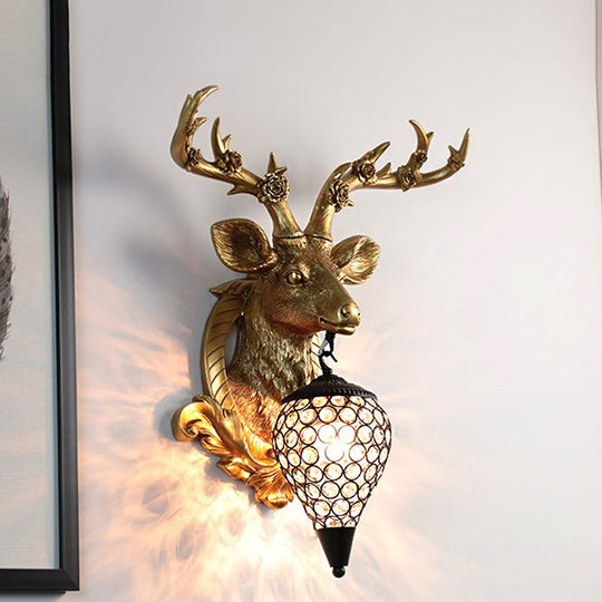 Rustic 1-Head Deer Wall Lamp With Crystal Shade In Gold/Grey/White